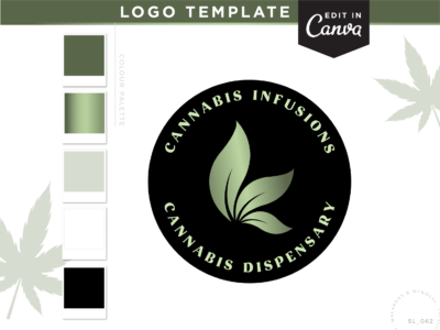 Weed logo design to edit in Canva. Metallic green leaf graphic for a creative small business. Looking for a custom logo? We offer that too!