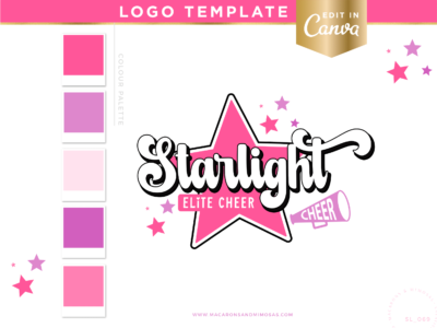 Cheer logo template editable in Canva. Professional logo design for your cheerleading squad and cheer association brand featuring stars and megaphone.