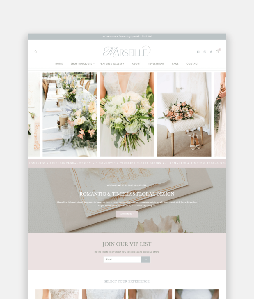The best Shopify store templates with premium built-in features. Style your Shopify website with this enchanting wedding floral & event planner theme.
