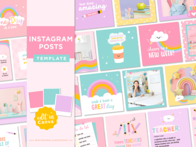 Teacher Instagram Post Templates in a pastel rainbow color palette to style your social media pretty! Includes editable bundle of quotes and feed templates.