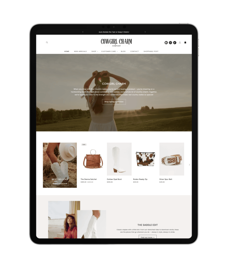 Explore western-inspired Shopify themes made for cowgirl brands, rural boutiques, and handmade businesses ready to sell online.