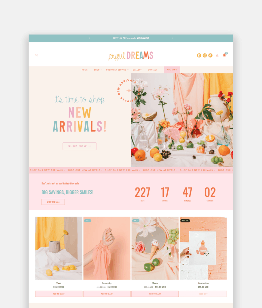 Customizable Shopify theme for handmade goods and creative brands featuring vibrant and creative e-commerce layout