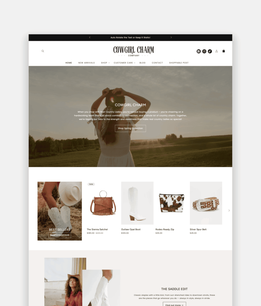 A bold, western-inspired Shopify theme designed for cowgirl brands, rustic boutiques, and handmade businesses. Mobile-optimized, easy to customize, and built to help you launch fast and stand out.