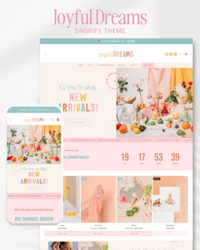 Joyful Dreams is a Colorful fun and customizable Shopify theme for creative brands, handmade shops, and boutiques. Mobile-ready and beginner-friendly.