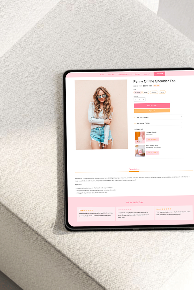Bright pink retro Shopify theme with floral and heart graphics for fashion boutiques and female business owners