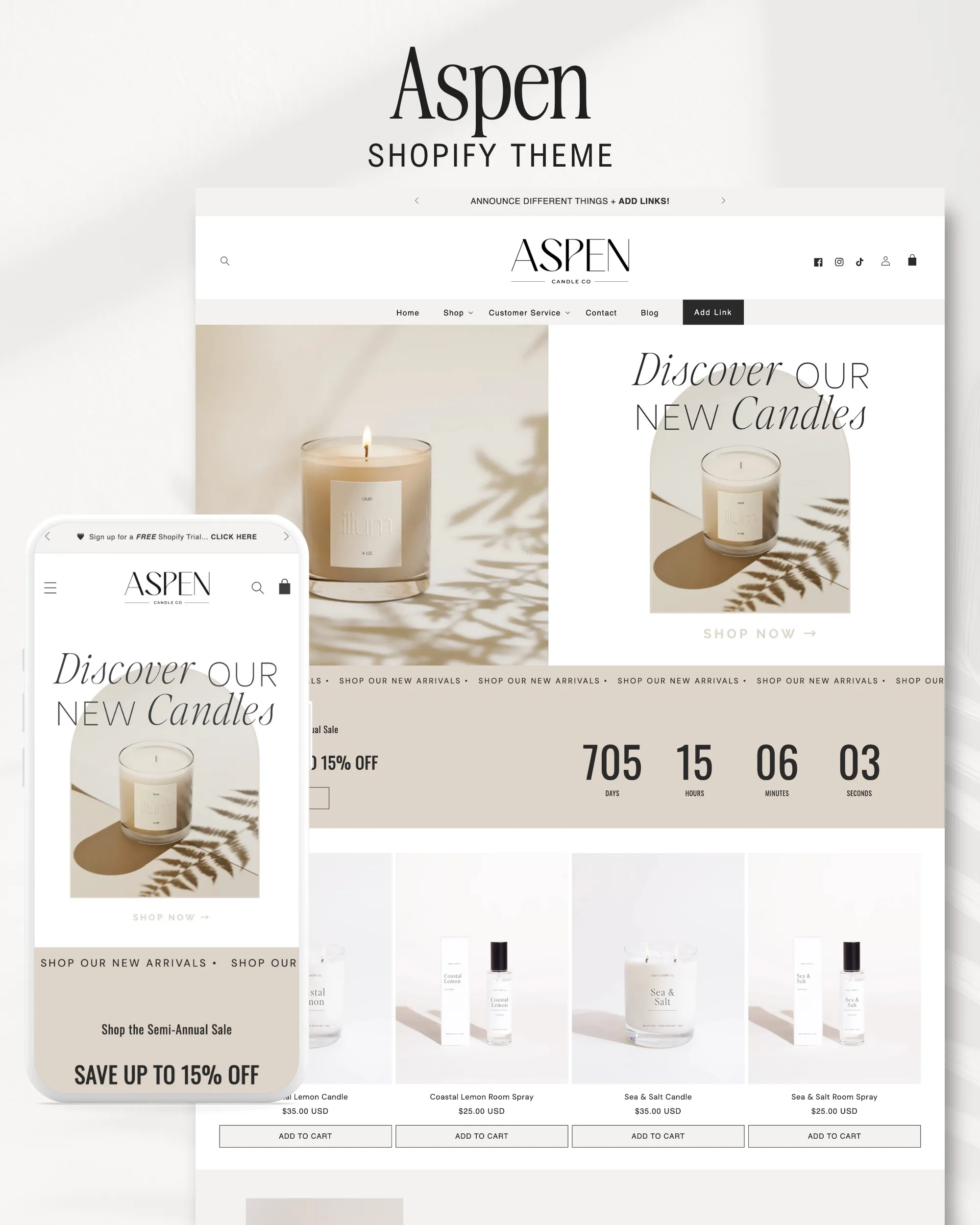 Candle store Shopify theme design layout with countdown timer and quick add to cart buttons Aspen theme.