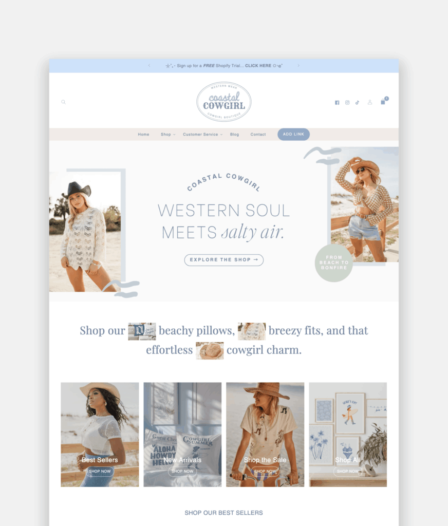 Coastal Cowgirl is a bold and breezy Shopify theme crafted for western-inspired fashion, accessories, and lifestyle brands.