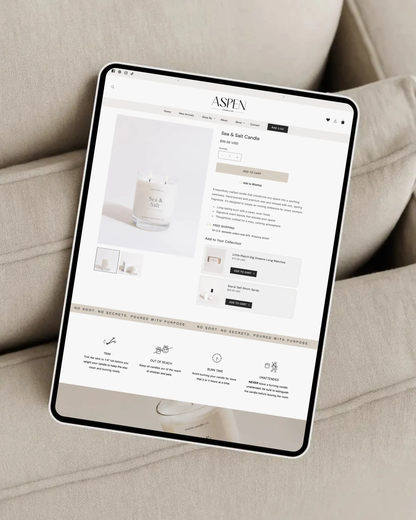 Luxury Candle Store Shopify Theme product page design with Aspen no apps built in features