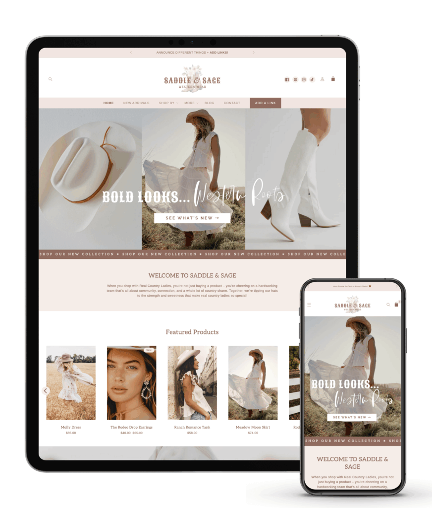 Explore western-inspired Shopify themes made for cowgirl brands, rural boutiques, and handmade businesses ready to sell online.