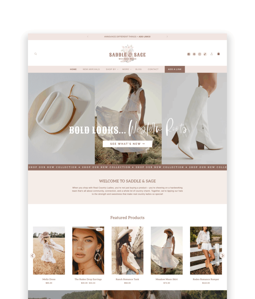 A soft and stylish Shopify theme for cowgirl boutiques, Saddle and Sage features a warm pink, brown, and cream color palette, gingham details, shoppable blog posts, and scrolling product sections—plus all the drag-and-drop tools you need to launch with ease.