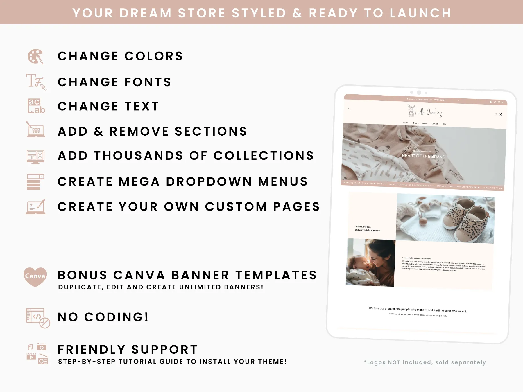 pastel baby store website template mobile header and menu