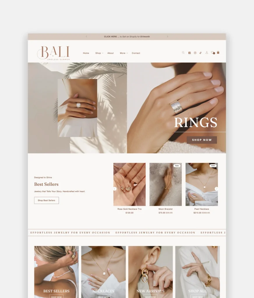 Bali Shopify theme for jewelry shops, accessories, and handmade boutiques