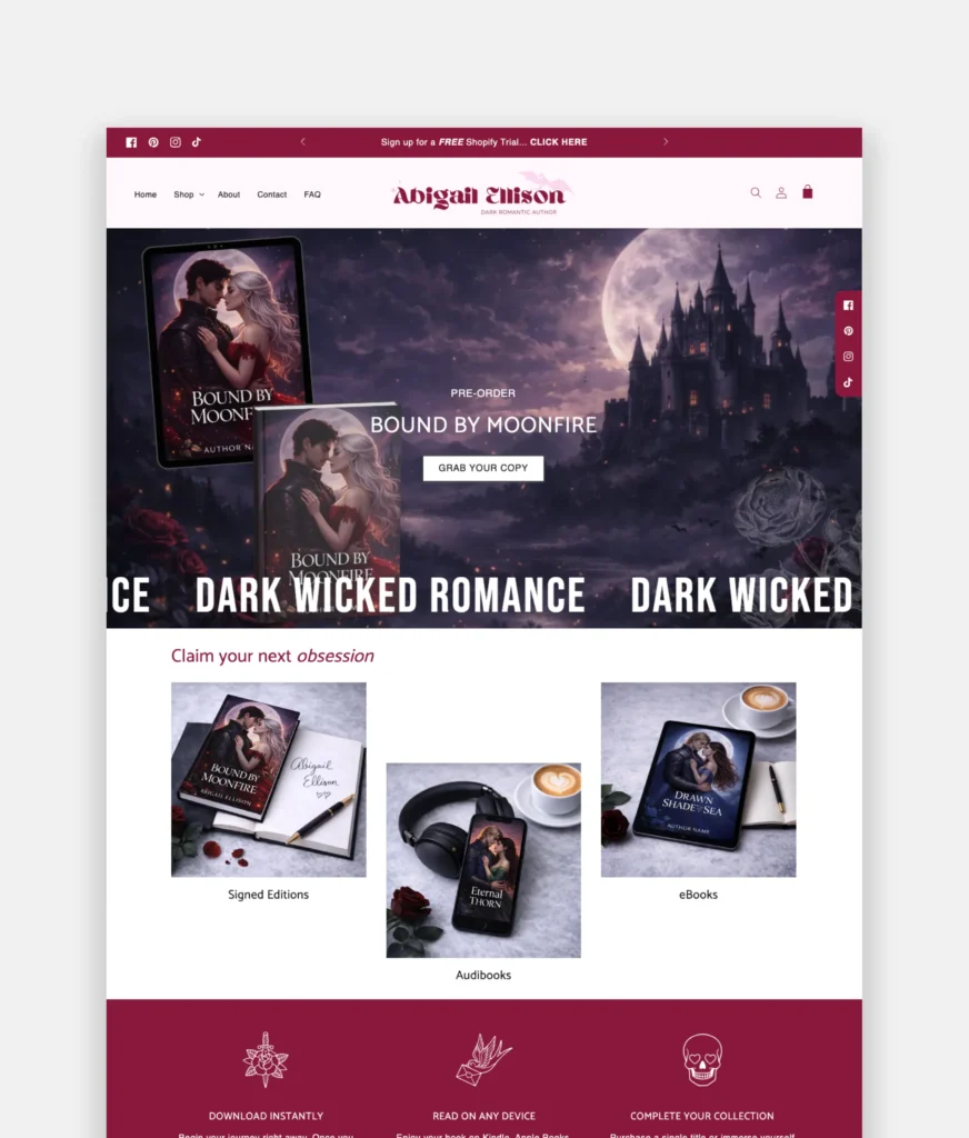 Shopify Theme for Authors, Dark Romance Shopify Template, Author Website Templates, Book Launch Shopify Theme.