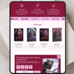 Minimalist chic Shopify template for authors with a dark wicked romance aesthetic, featuring custom book mockups and elegant gold accents.