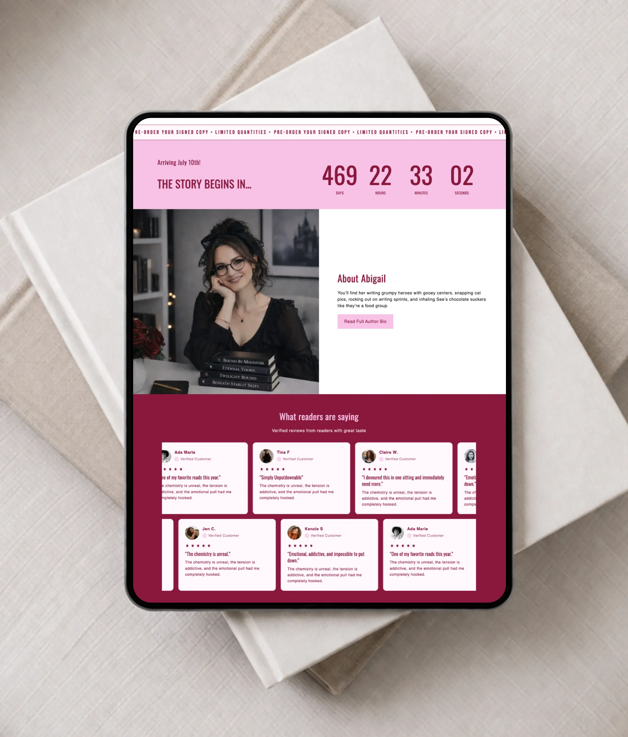 Minimalist chic Shopify template for authors with a dark wicked romance aesthetic, featuring custom book mockups and elegant gold accents.