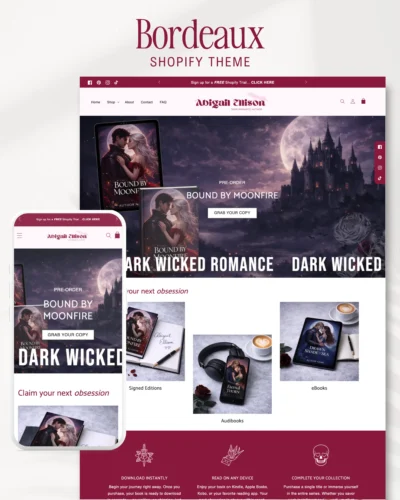 Dark Romance Shopify Theme for indie authors featuring a luxe bookstore layout, gothic typography, and atmospheric book series display.