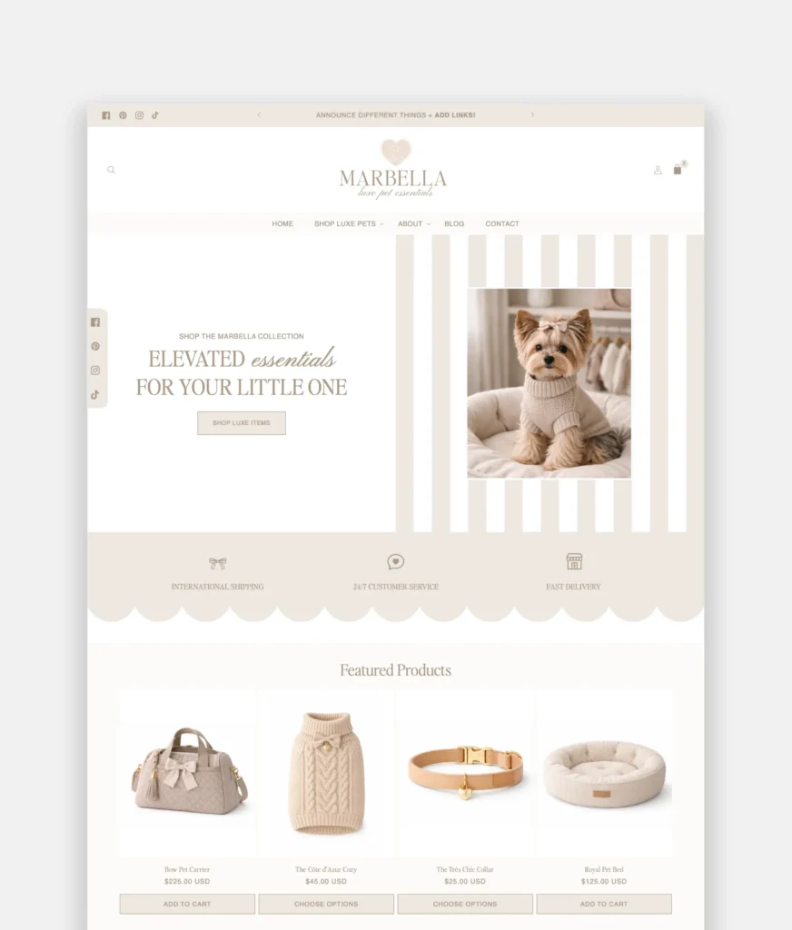 Minimalist dog bed in a modern living room setting, showcasing the premium sections of the Luxe Pet Boutique Shopify Theme.