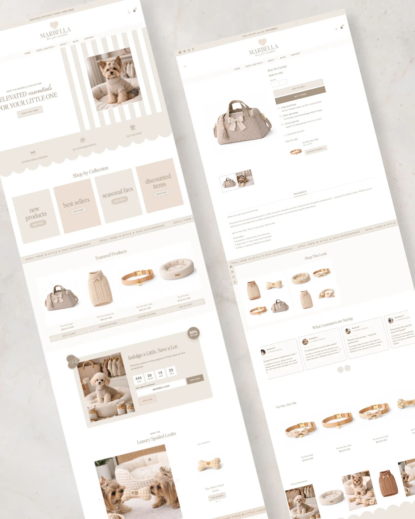 The built-in countdown timer section of an editorial pet store Shopify template, featuring the text 'Indulge a Little. Save a Lot.' with high-end dog accessories and curated product collections.