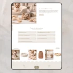 A premium Shopify theme for a luxury pet boutique, showing a fluffy dog in a cozy sweater. The section features the editorial heading 'ELEVATED essentials FOR YOUR LITTLE ONE' and a minimalist design.