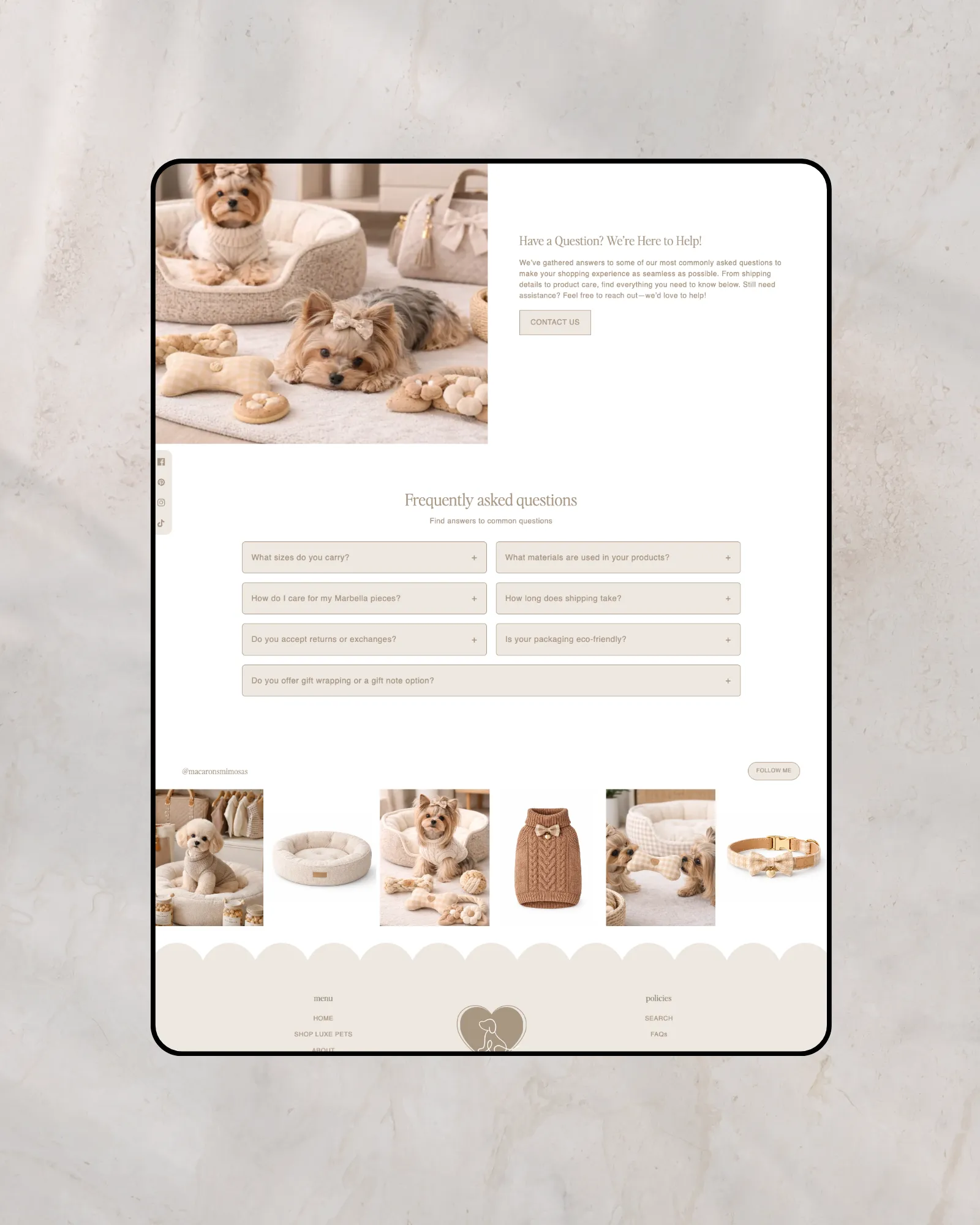 A premium Shopify theme for a luxury pet boutique, showing a fluffy dog in a cozy sweater. The section features the editorial heading 'ELEVATED essentials FOR YOUR LITTLE ONE' and a minimalist design.