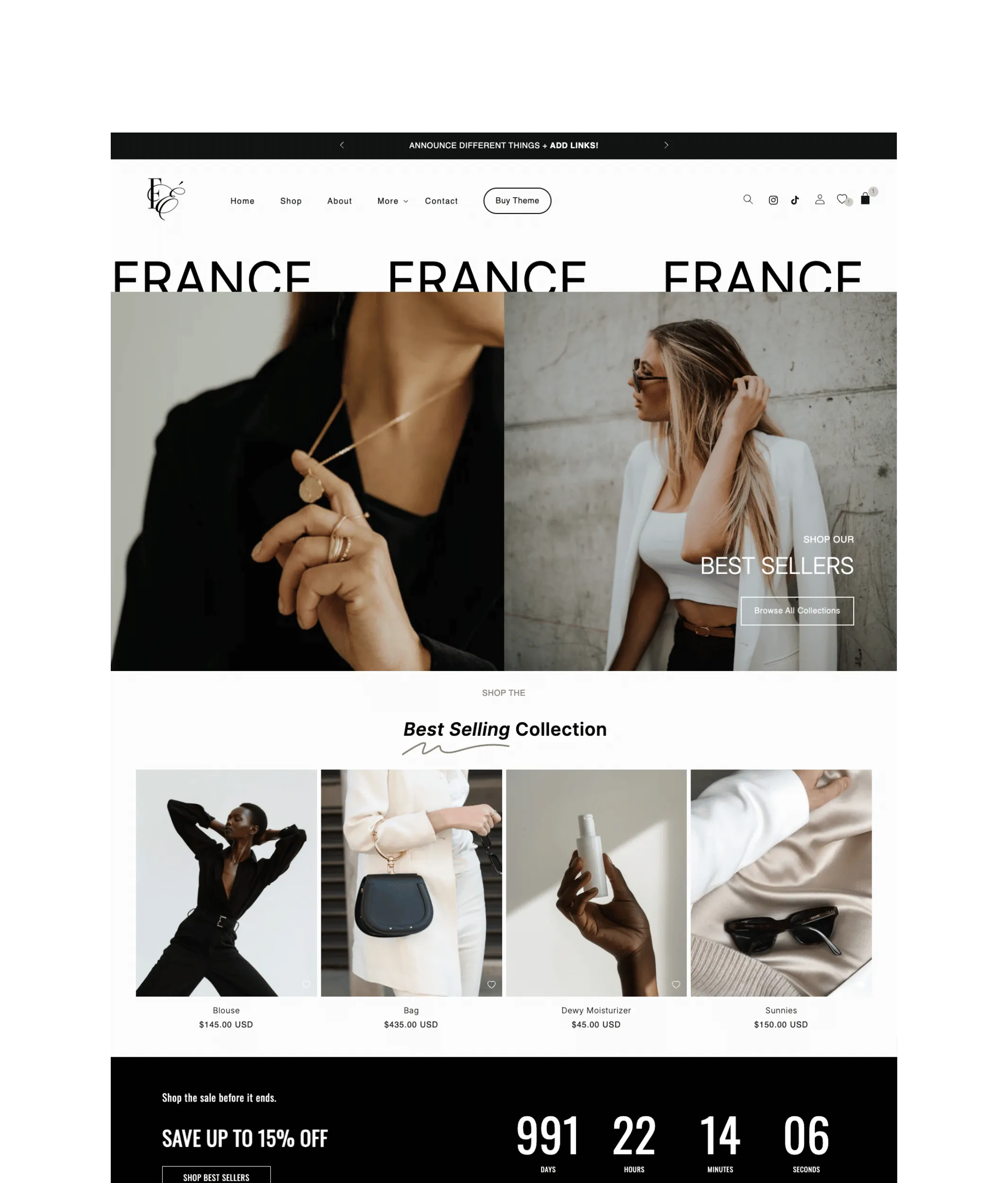 France Shopify theme luxury boutique homepage design by Macarons and Mimosas