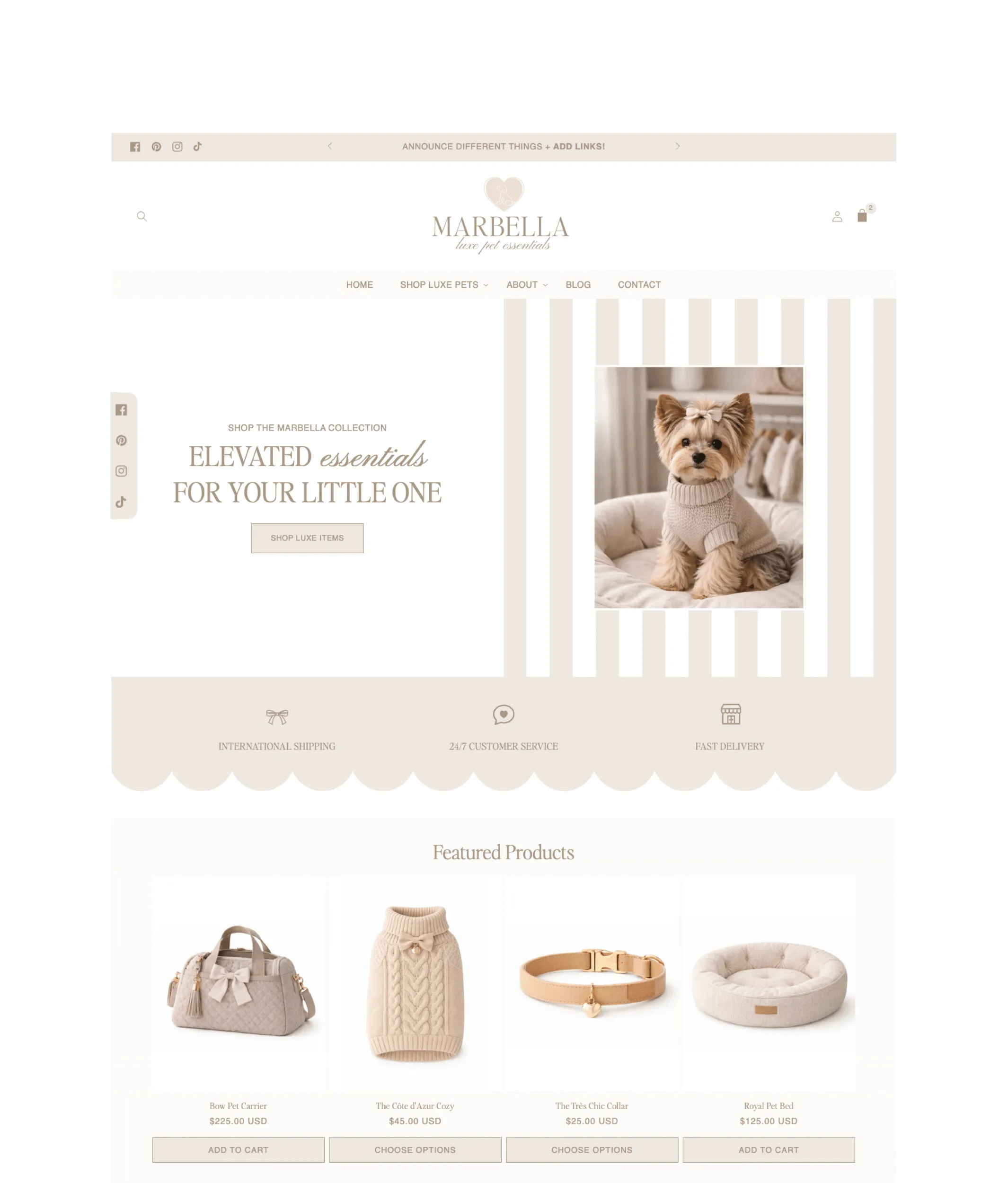 Marbella Shopify theme luxe pet boutique homepage design