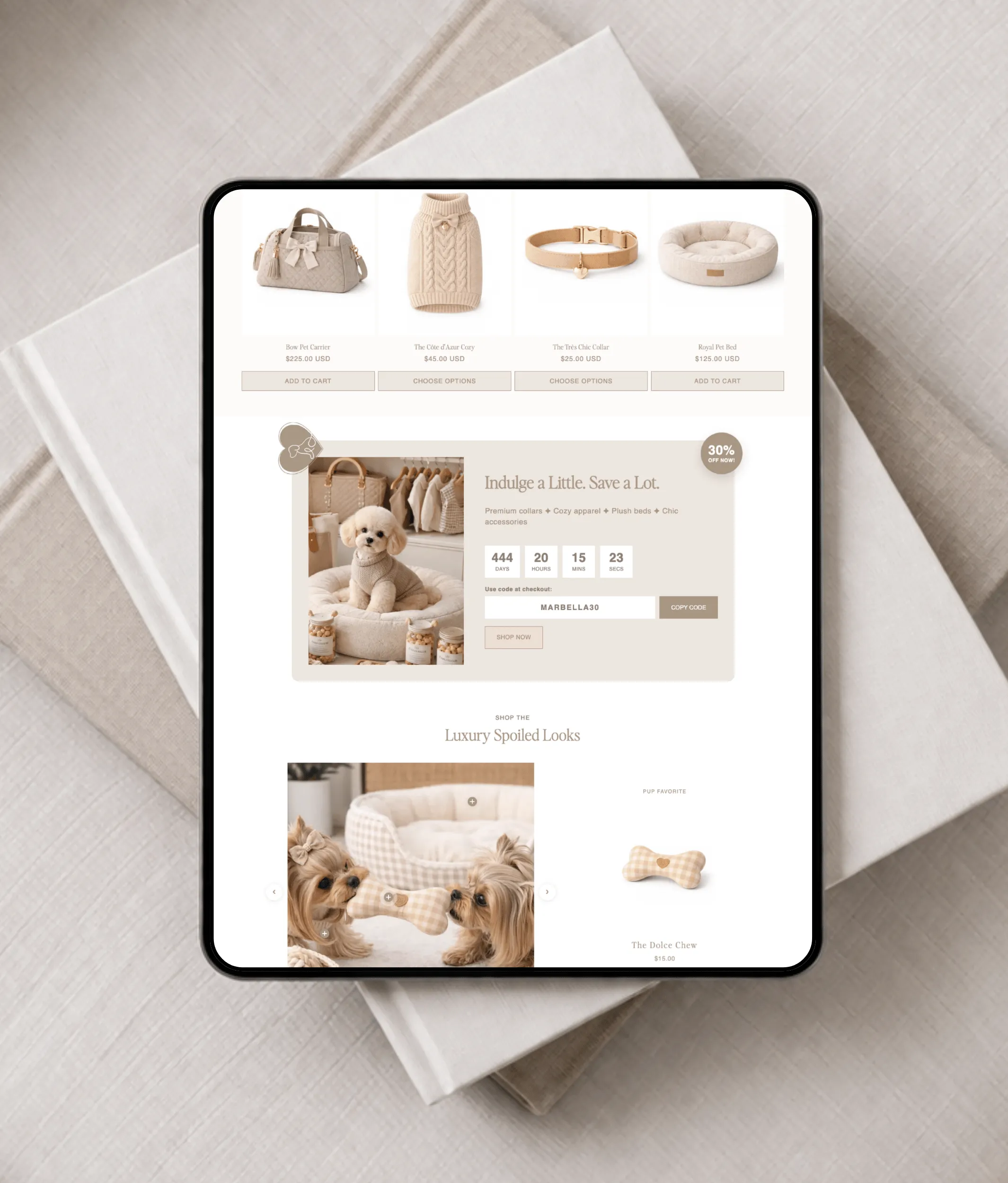 Marbella pet boutique Shopify theme with sticky buy bar and custom sections