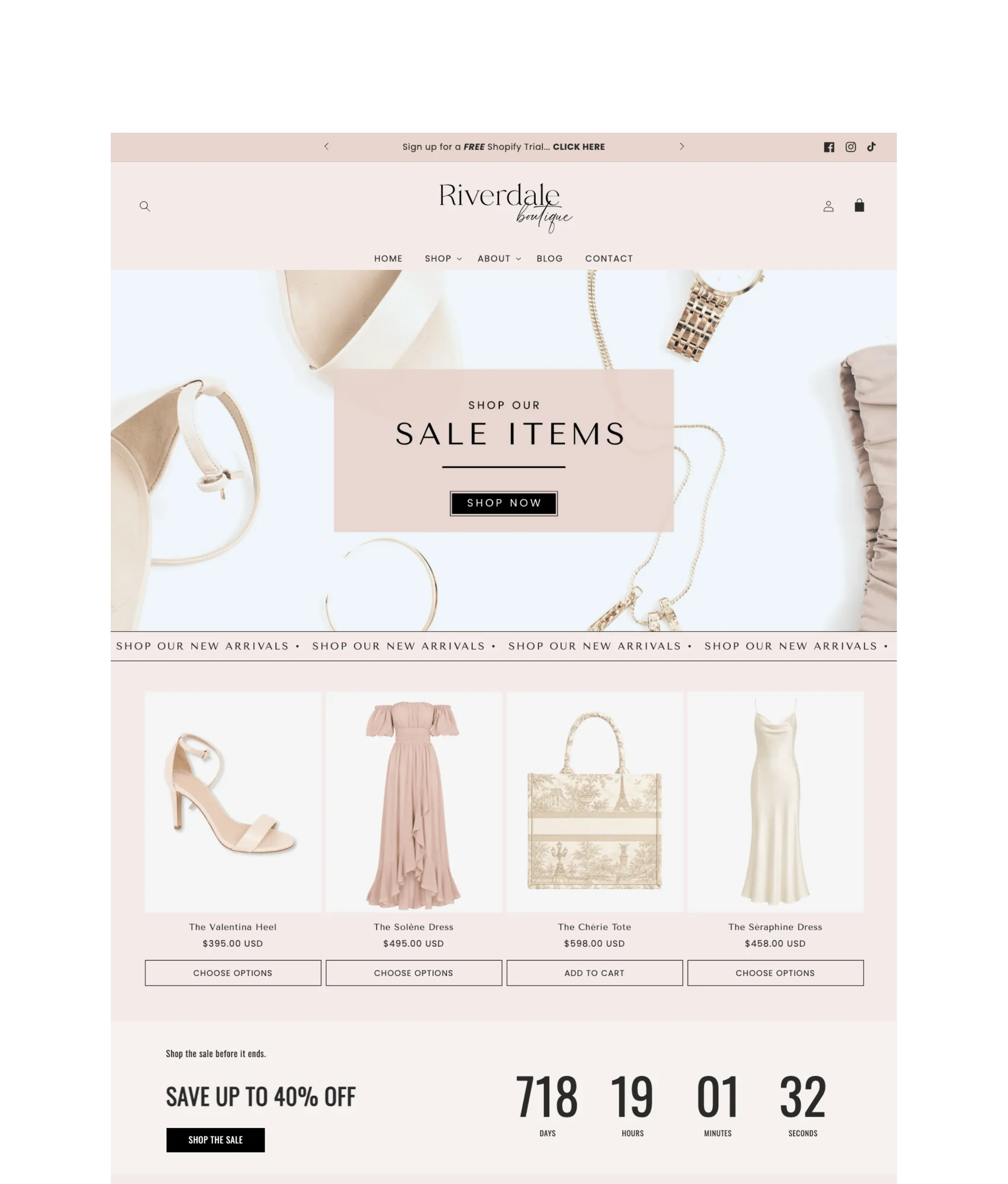 Riverdale premade Shopify theme for fashion and clothing boutique with countdown sale section