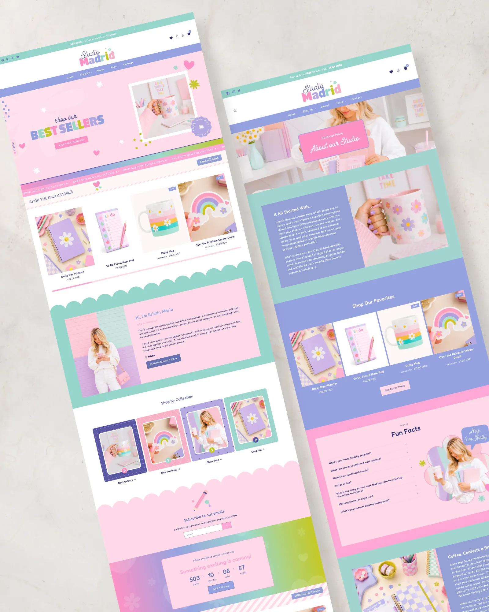 Cute pastel Shopify theme homepage for small business