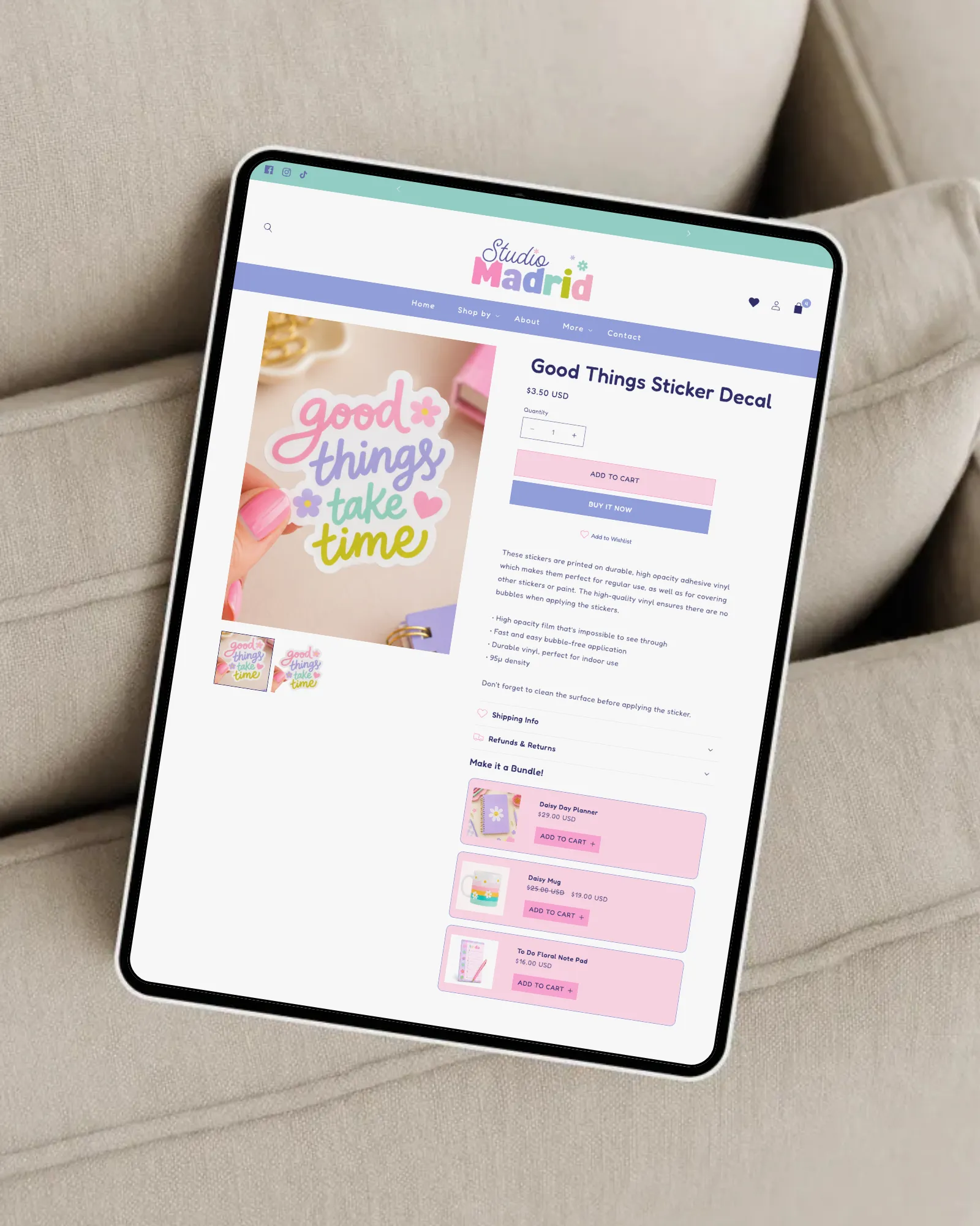 Cute pastel Shopify theme homepage for small business