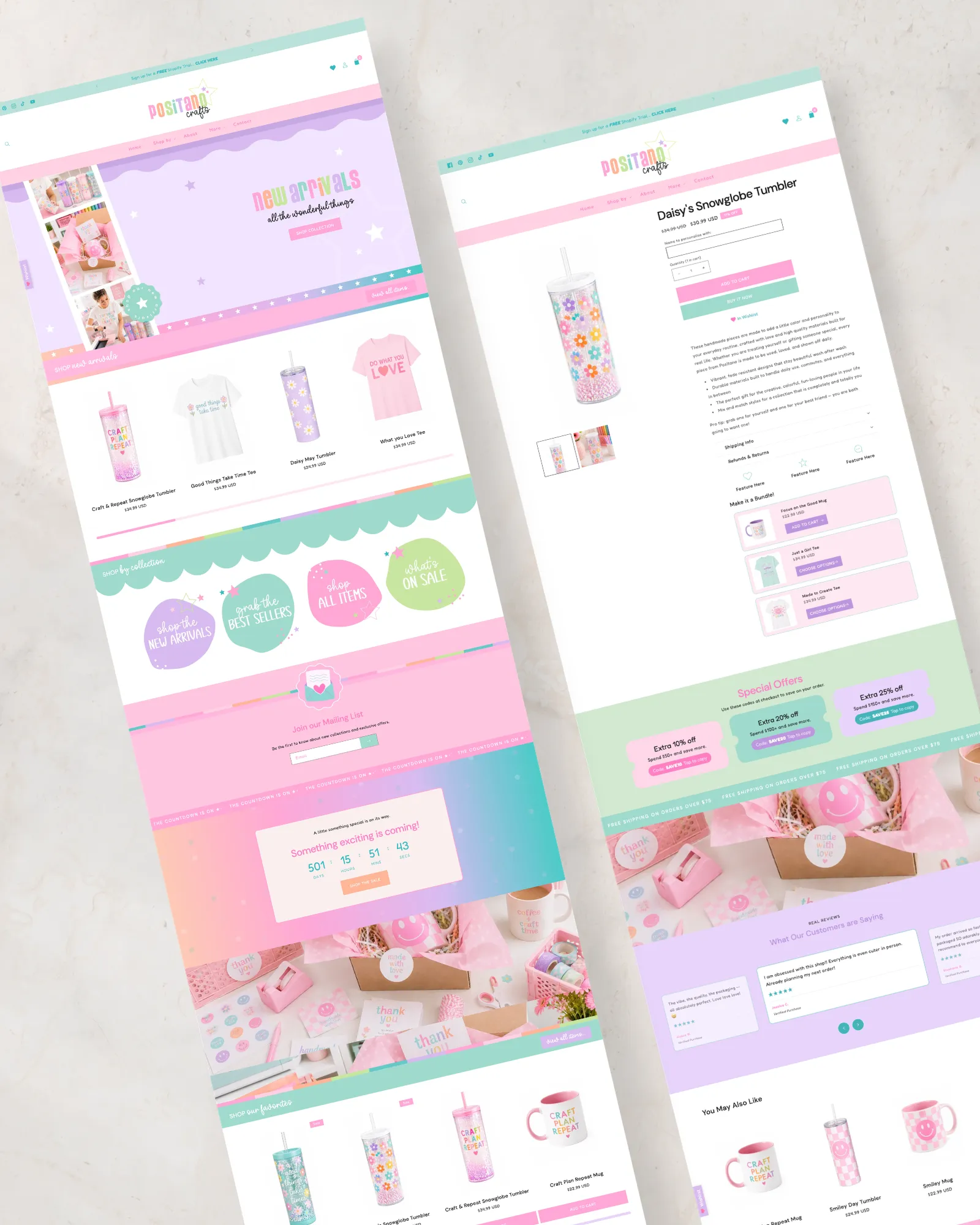 Pastel rainbow Shopify website template for handmade tumbler makers