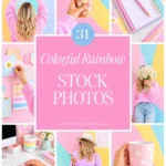 Colorful rainbow styled stock photos collection featuring bright pastel backgrounds, daisies, and feminine lifestyle photography