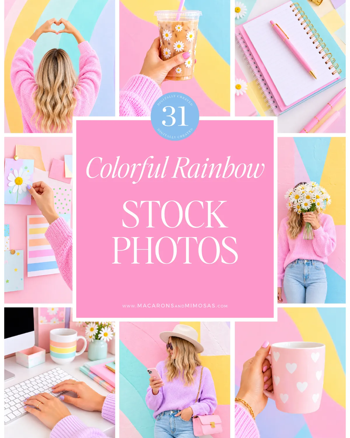 Colorful rainbow styled stock photos collection featuring bright pastel backgrounds, daisies, and feminine lifestyle photography