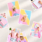 Colorful rainbow stock photography collage featuring pastel stationery, creative workspaces, and playful lifestyle images