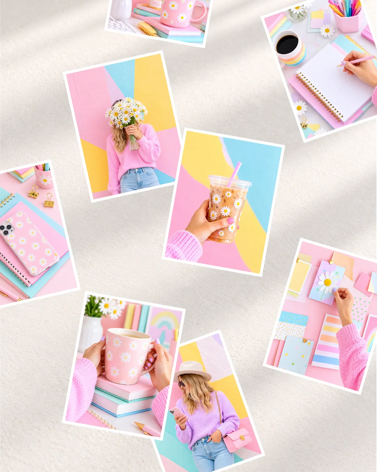 Colorful rainbow stock photography collage featuring pastel stationery, creative workspaces, and playful lifestyle images