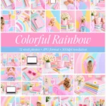 Collection of 31 colorful rainbow stock photos featuring pastel backgrounds, creative desk accessories, and feminine lifestyle imagery