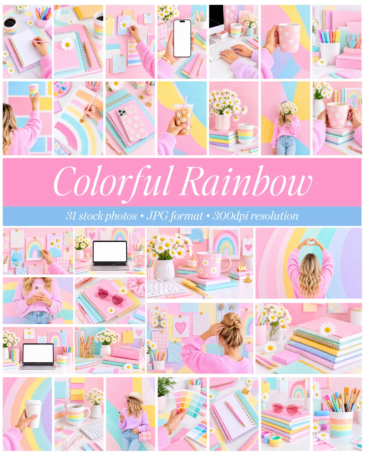 Collection of 31 colorful rainbow stock photos featuring pastel backgrounds, creative desk accessories, and feminine lifestyle imagery
