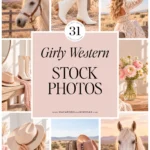Feminine western styled stock photos collection featuring cowgirl boots, horses, and blush pink lifestyle photography