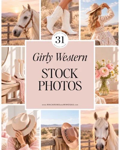 Feminine western styled stock photos collection featuring cowgirl boots, horses, and blush pink lifestyle photography