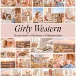 Collection of 31 feminine western stock photos featuring horses, cowgirl outfits, western accessories, and lifestyle imagery