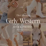 Feminine western stock photo bundle featuring modern cowgirl photography, western fashion, and romantic neutral styling